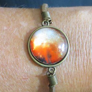 New World Glass Bracelet Astro Galactic Cabochon Bronze Tone Leather Unisex 7"